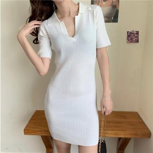 Women Summer Knitted Bodycon Dress Women Knitted Polo Collar A-line High Waist Streetwear Dress For Women 2021 Summer