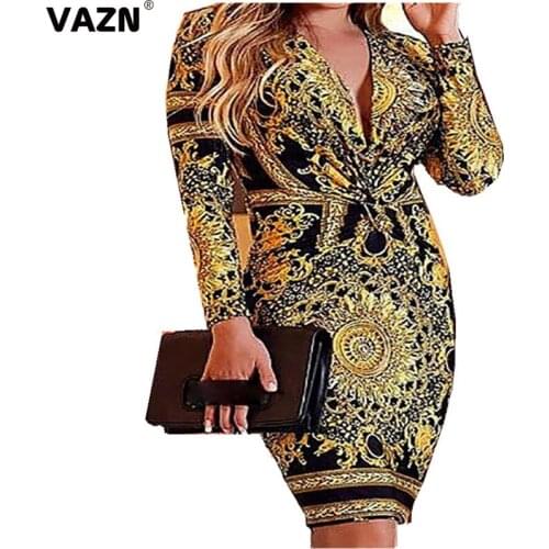 VAZN 2020 Sexy Summer Formal Elegant Casual Mini Dresses Full Sleeve V-neck Deep Dress Sexy Beach Holiday Elegant Dress