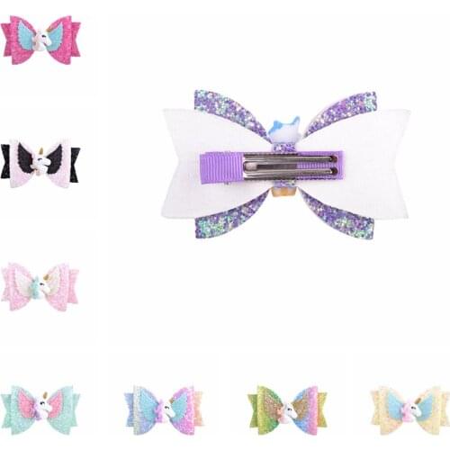 1 PCS Glitter Sequins Bowknot Toddler Hair Clips Cute Cartoon Wings Unicorn Bows Hairpins Infant Headwear Clothing Decoration