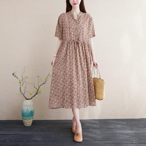 New 2021 Summer Women Vintage Style Floral Print Vestidos V-Neck Outwear Dress Plus size Loose Famle Casual Cotton Dress