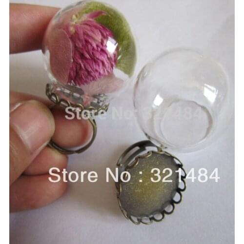 50set 20*12mm globe glass bottle vials pendants jewelry making and 12mm antique bronze bezel ring blank setting base