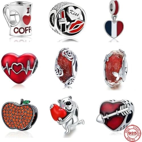 925 Sterling Silver red coffee cup kiss lipstick DIY fine beads & Pavé Safety Chain Charm Fit Original Pandora Charm Bracelet