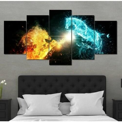 Water and Fire Horses Abstract 5 Panel Canvas Picture Print Wall Art Canvas Painting Wall Decor for Living Room Poster No Framed