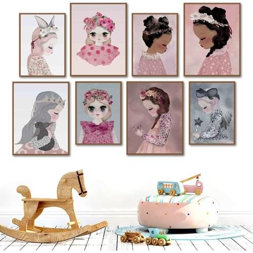 Watercolor Girl Flower Princess Wing Cartoon Wall Art Canvas Painting Nordic Posters And Prints Wall Pictures Child Room Decor