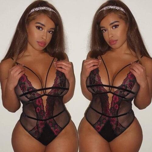 Sexy Lace Fishnet Bodysuits Teddy Womens Deep V Strappy Bodysuits Nightwear Two-tone lace Strappy Fishnet Teddy