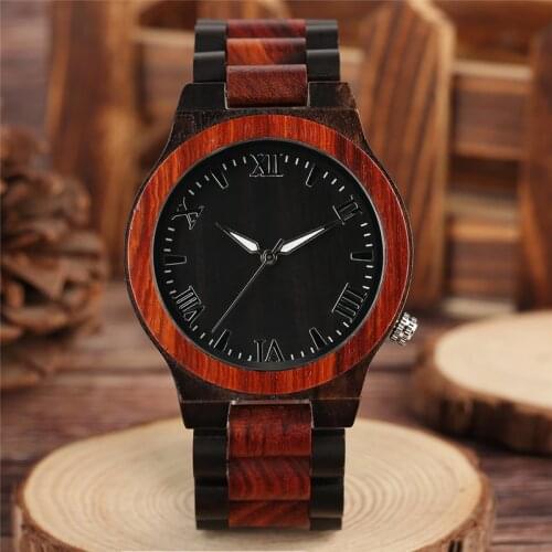 Antique Red Sandalwood Men Wrist Watch Roman Number Dial Clock Quartz Analog Timepiece Luminous Hands Full Bamboo Watch Gift