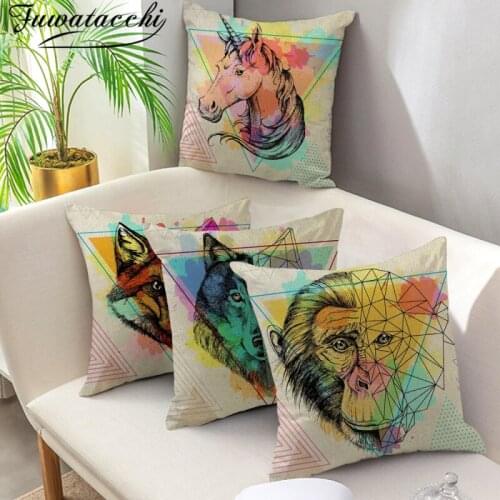 Fuwatacchi Geometric Animals Print Cushion Cover Linen Lion Wolf Photo Pillow Covers for Couch Car Home Decor Pillowcase 45x45cm