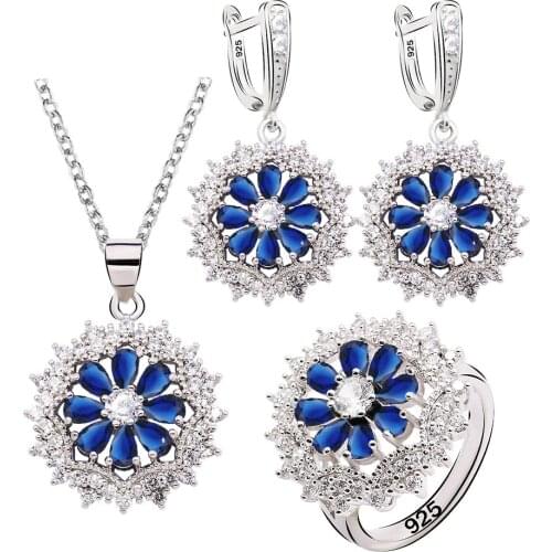 Blue Sapphire 925 Silver Jewelry Set for Women Earrings Necklace penant Ring Yellow Green 4 Colors