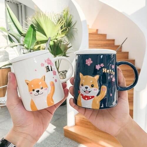 400ML cartoon Shiba Inu ceramic cup Creative dog coffee mug Net red student mark cup Covered handle spoon Office tea cup
