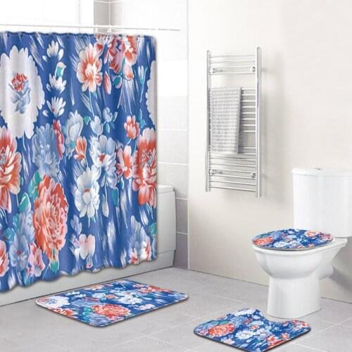 4 Pc classical printing Shower Curtain Bath Mat Toilet Pad Set flower Pattern Anti-slip Toilet Pattern Carpet Bath Mat