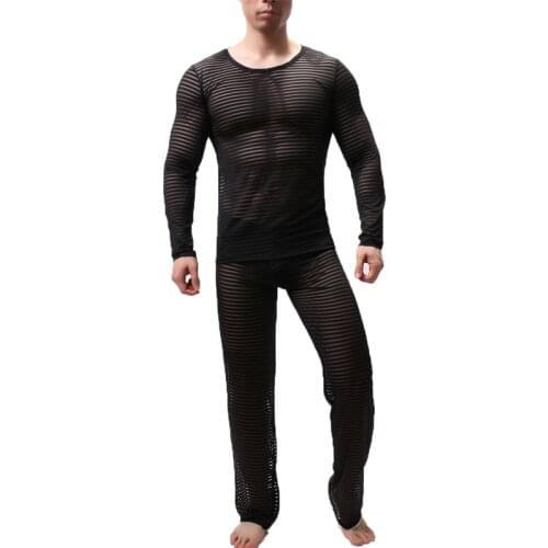 2PCS/Set Men Undershirts Sets See Through Loose Casual T-shirts Trousers Sexy Male Underwear Seamless Sheer Shirt Pajamas Suits