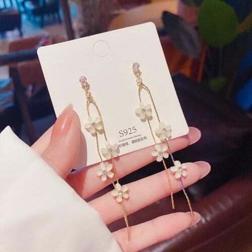 Korean Crystal Flower Tassel Long Drop Earrings For Women Geometric Elegant Dangle Pendientes Gifts