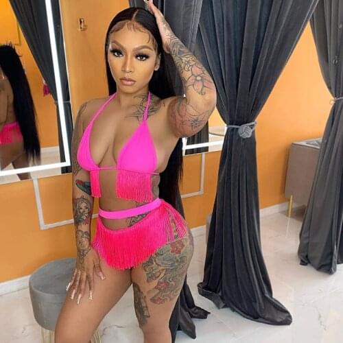 Summer 2 Piece Sets Womens Outfits Bathing Suit Halter Backless Tassel Crop Top Bikini Set Beachwear Vacation Club Matching Sets