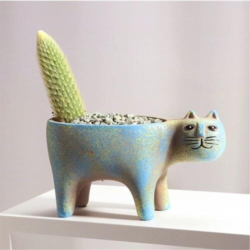 Frosted Ceramic Cat Statue Plant Pots Cartoon Animal Cactus Planter Pots Monkey Tail Saguaro Plants Planter Tabletop Ornaments