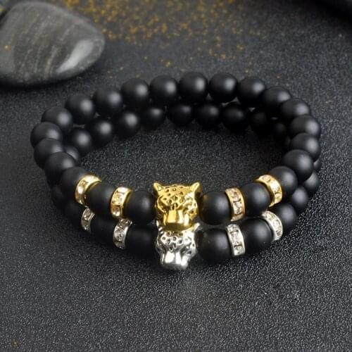 Natural Stone Lava Stone Bead Strand Bracelet For Men Males Leopard Pendant Panther Head Charms Bracelet Jewelry On Hand