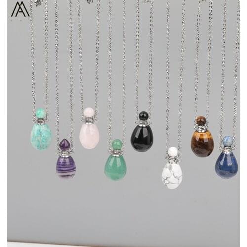 Natural Green Aventurines Stone Perfume Bottle Pendant Necklace Women Roses Quartz Silvery Stainless Chains Necklace DSS-270AMBE
