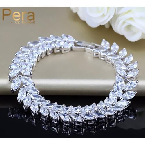 Pera Luxury Silver Plated Bridal Party Jewelry Big Leaf Shape CZ Crystal Stone Big Wedding Bracelets Bangles for Brides B025