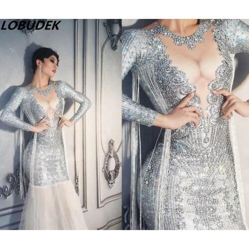Silver Fringe Rhinestones Voile Trailing Dress Long Sleeve Crystals Long Dress Lady Singer Host Prom Celebration Sexy Stage Wear