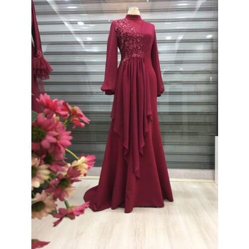 Chiffon Appliques Beaded Muslim Prom Dress High Neck Long Sleeves Saudi Arabic Evening Formal Party Gowns Robe Soiree