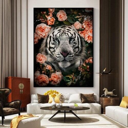 Modern Wall Art Tiger Flower Canvas Painting Posters And Prints Jungle Animal Decorative Pictures for Living Room Home Decor