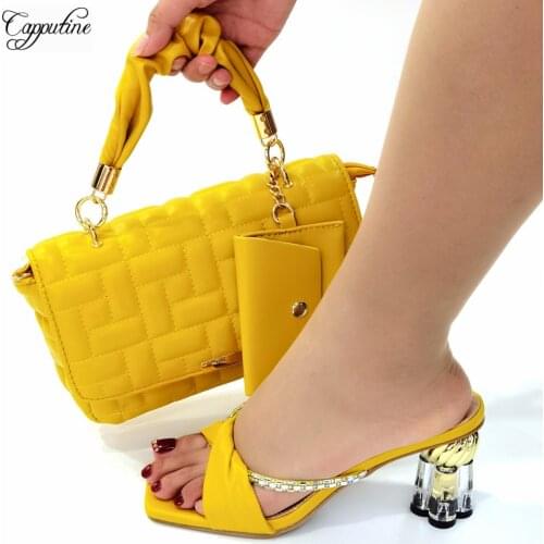 Shoes and Bags Set Yellow African Matching High Heels Women Sandals With Handbags Purse Summer Italian Design Pumps CR8039 7CM