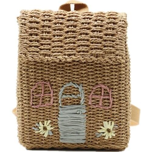 Embroidered New Style Double Shoulder Woven Straw Bag with Hand Woven Backpack Bohemian Beach Package