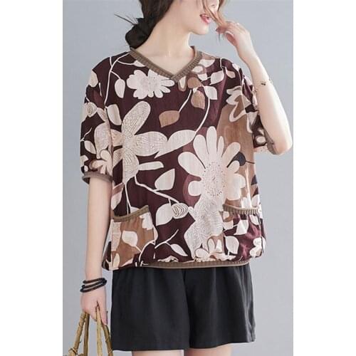 Women Cotton Linen Casual T-shirts New Arrival 2021 Summer Simple Style Vintage Floral Print Loose Female Tops Tees S3583
