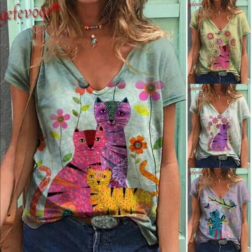 Cute Cartoon Printed V-Neck Short Sleeve Harajuku Tops Women Summer Clothing Femme Fashion Plus Size Street Casual T-Shirt