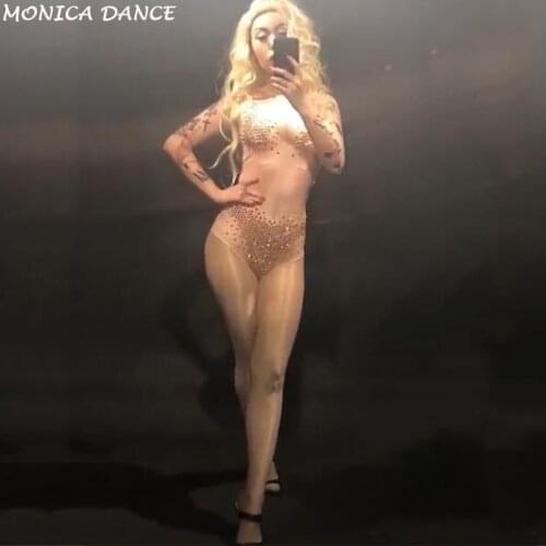 Women Sexy Stage Short Sleeve Sparkling Crystals Bodysuit Nightclub Party Stage Wear Performance Costumes Singer Dancer Clothing