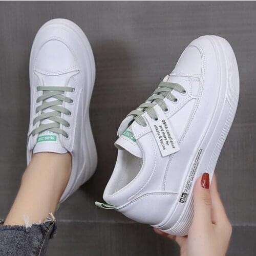 2021 New Comfortable Autumn Genuine Leather Womens Sneakers for Women Casual Flat Shoes Woman Solid Luce Up Footwear