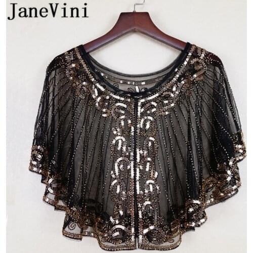 JaneVini High Quality Black Bridal Capes with Gold Sequins Silver Beaded Wedding Formal Shrug Women Short Wraps boleros de novia