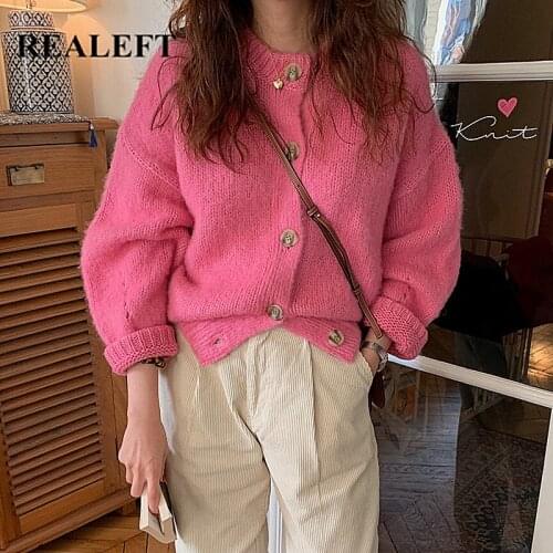 REALEFT Autumn Winter Casual Womens Cardigans 2021 New Long Sleeve Single Breasted Loose Sweaters Female Pink Fashioable Tops