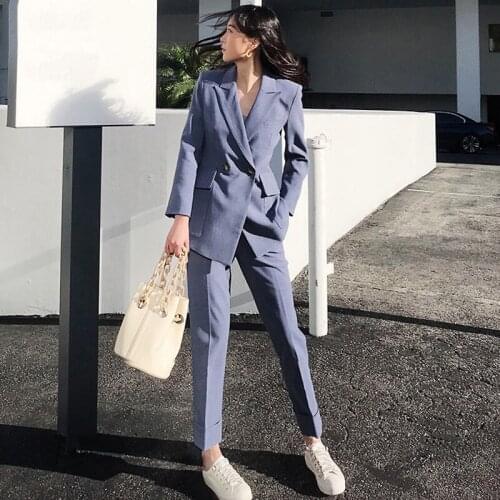 Wenfly Women Double Breasted Notched Blazer Jacket High Waist Long Pants Female Office Suits Two Piece Sets Harajuku