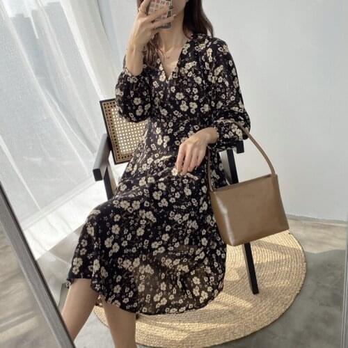 V-neck Floral Print Dress Women Classic Chiffon High Waist Long Sleeve Slim Chic Dress Bohemia Elegant Party Lady Vestidos
