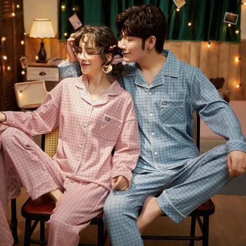 Winter Plaid Comfortable Lapel Warmth Couple Pajamas Long Sleeve Pink Cotton Ladies Casual Sleepwear Mens Pajamas Suit