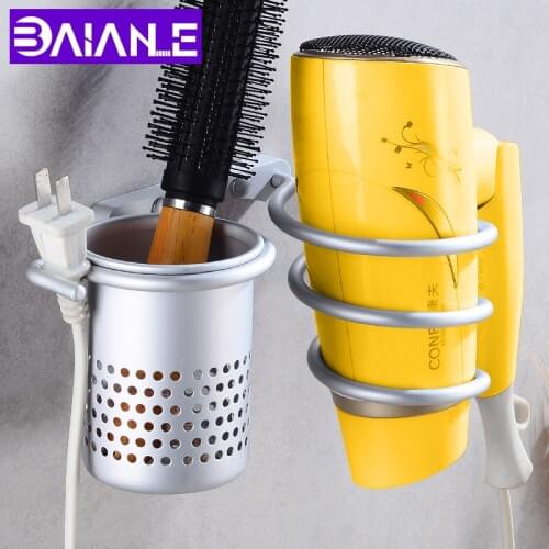 Gold Wall Mounted Aluminum Hair Dryer Holder Storage Rack Stand Organizer with Basket