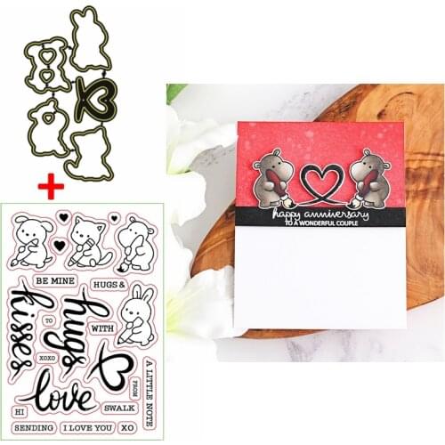 Hippopotamus Rabbit Puppy Animals Love Note Hug Kisses Metal Cutting Dies With Clear Transparent Stamps DIY Craft Cards 2020