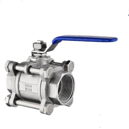BSPT 1/2" DN15-DN100 3 Piece Full Port Ball Valve Thread Type Stainless Steel 304 1000psi Handle with Blue Vinly Insulation