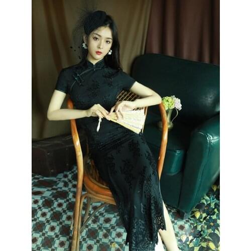 Black Women High Quality Qipao Oriental Dress Stand Collar Retro Sexy Cheongsam Chinese Traditional Summer Slim Banquet Dress