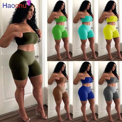 HAOOHU Sexy Two Piece Set Women Summer Tracksuit Crop Top Biker Shorts Sweat Suits Lounge Wear Outfits Matching Sets