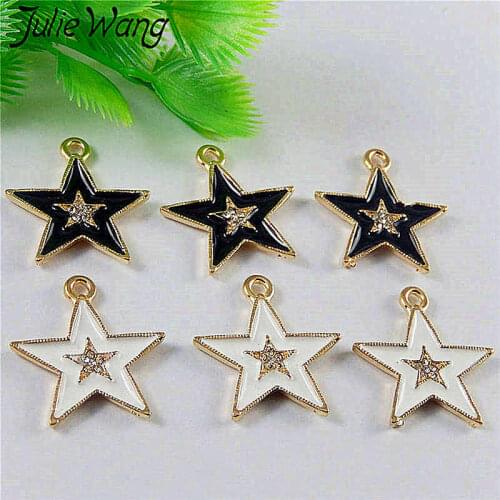 Julie Wang 6PCS Mixed Enamel White Black Stars Pentagram Alloy Gold Tone Charms Necklace Pendant DIY Jewelry Making Accessory