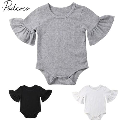 Brand New Newborn Infant Baby Girl Solid Bodysuits Clothes Flared Sleeve Jumpsuit Sunsuit Casual Outfits Cotton Playsuits