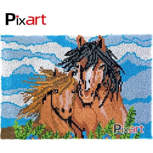 Latch Hook Rug Two Horses Crocheting Wall Tapestry Kits DIY Carpet Rug Chunky Yarn Needlework Knitted Floor Mat Hobby & Crafts