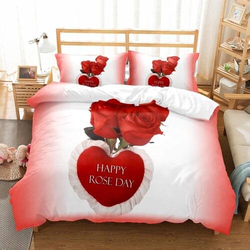 Red Heart Rose Bedding Set Flower Comforter 3D Print Luxury Duvet Cover Set Home Textile Decor Full Queen King Single Size Gift