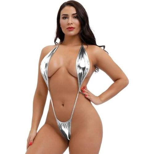 Micro bikini swimwear women swimsuit one piece biquini bikinis Patent leather Halter String Lace adjustable Large size Thong
