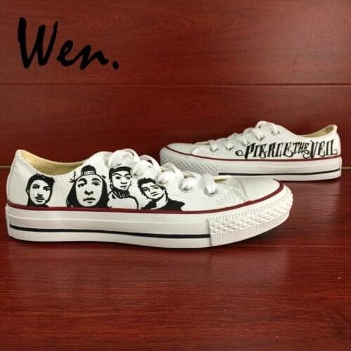 Wen Men Low Top Skateboarding Shoes Hand Painted Shoes Design Custom Pierce the Veil White Graffiti Painting Women Sneakers