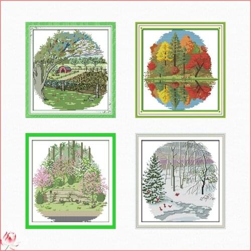 Suburban Four Seasons Landscape Cross Stitch Kits DIY Embroidery Set 14CT 11CT Count Canvas Printing Needlework Sewing Crafts
