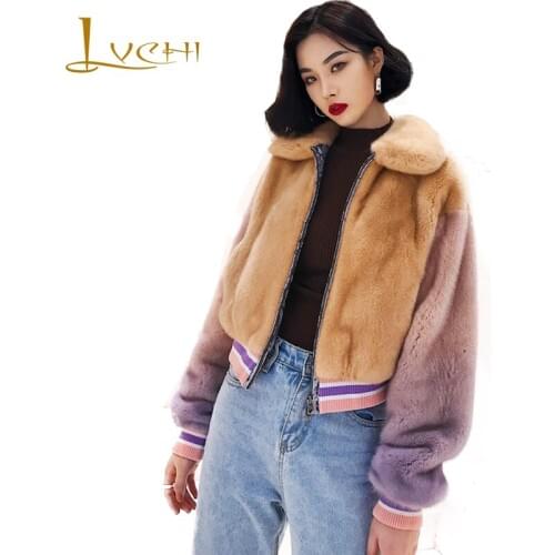 LVCHI 2019 New Winter Import Mink Fur Coat Real Fur Coats Women Long Sleeve Turn-Down Collar Gradient Color Short Mink Fur Coats