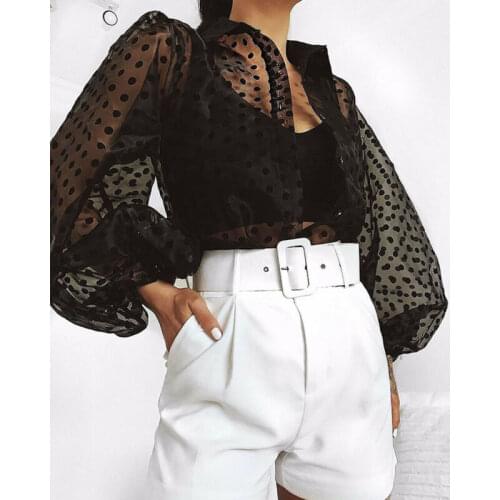 2019 New Fashion Womens Summer Casual Long Sleeve Sheer Blouses Perspective Black White Pink Lace Mesh Blouse Tops