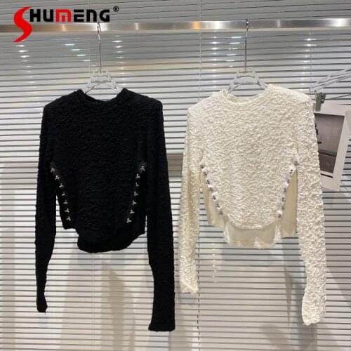 2021 Autumn New Solid Color Side Metal Buckle Pleated Concave-Convex Undershirt Small Shirt for Women